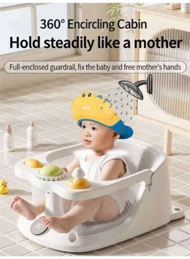 Adjustable Baby Bath Chair with Thermometer Safe Non-Slip Bath Stool for Infants & Toddlers, Learn-to-Sit Bath Seat with  Baby Shower Cap - Image 2